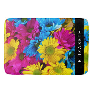 Colourful Flowers, Daisies, Boho, Your Name Bath Mat