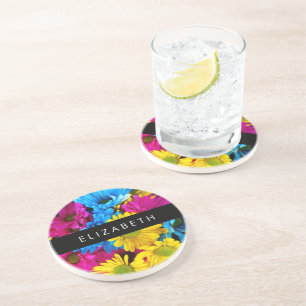 Colourful Flowers, Daisies, Boho, Your Name Coaster