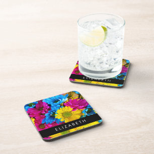 Colourful Flowers, Daisies, Boho, Your Name Coaster