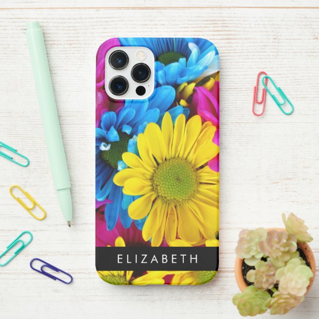 Colourful Flowers, Daisies, Boho, Your Name iPhone Case (On Desk)