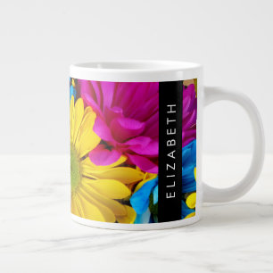 Colourful Flowers, Daisies, Boho, Your Name Large Coffee Mug
