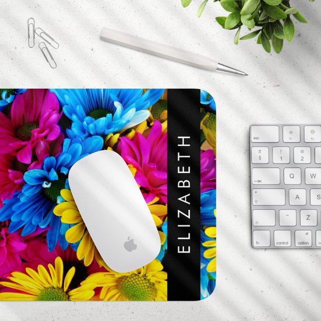 Colourful Flowers, Daisies, Boho, Your Name Mouse Pad (Creator Uploaded)