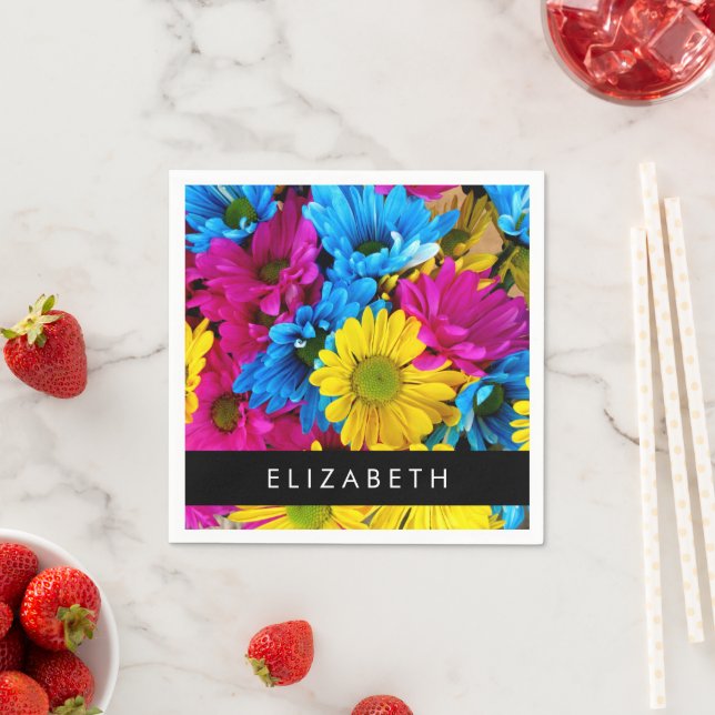 Colourful Flowers, Daisies, Boho, Your Name Napkin (Insitu)