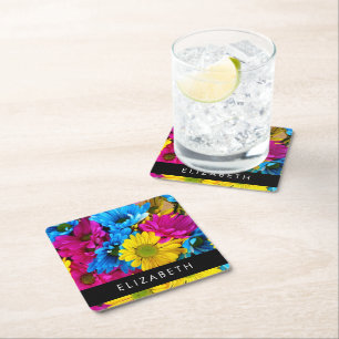 Colourful Flowers, Daisies, Boho, Your Name Square Paper Coaster