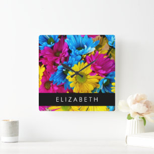 Colourful Flowers, Daisies, Boho, Your Name Square Wall Clock