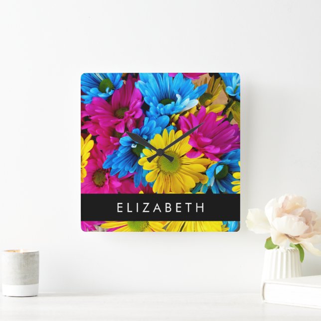 Colourful Flowers, Daisies, Boho, Your Name Square Wall Clock (Home)