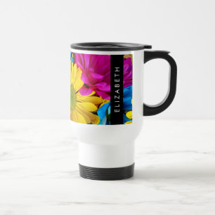Colourful Flowers, Daisies, Boho, Your Name Travel Mug