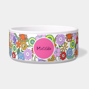 Colourful Flowers Dog Ceramic Bowl