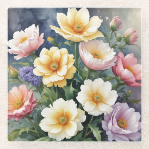 Colourful Flowers Elegant Watercolor Painting Glass Coaster