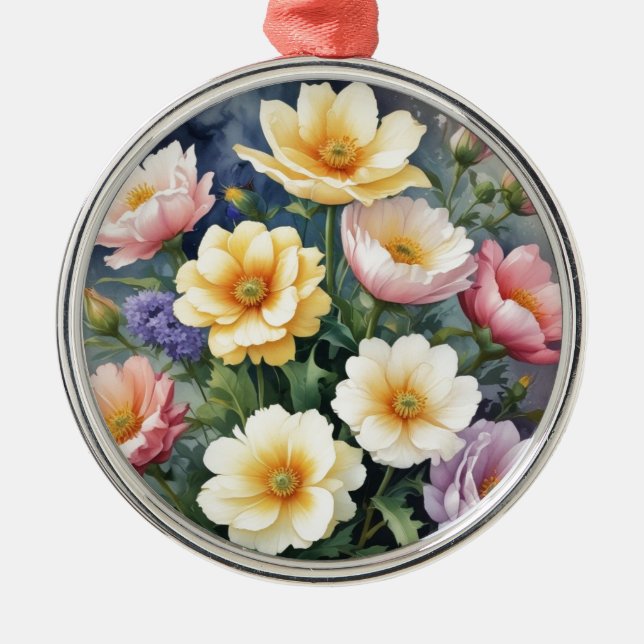 Colourful Flowers Elegant Watercolor Painting Metal Ornament (Front)
