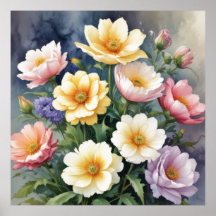 Colourful Flowers Elegant Watercolor Painting Poster