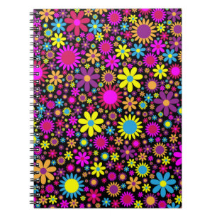 Colourful Flowers Floral Black Background Pattern Notebook