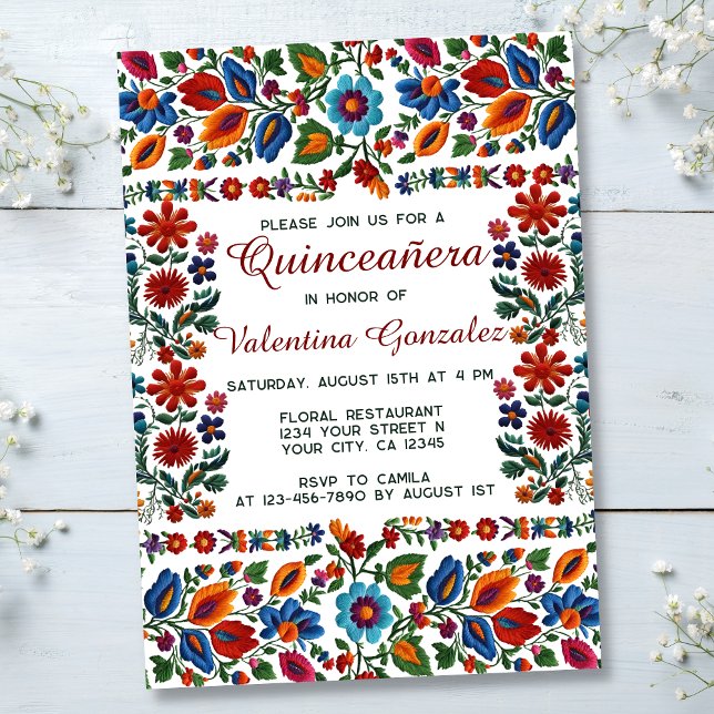 Colourful Flowers Floral Folk Art Quinceanera Part Invitation (Creator Uploaded)