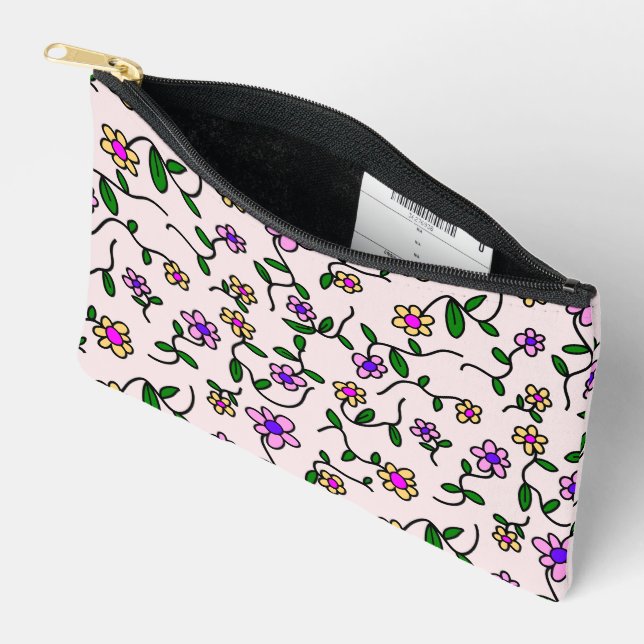 Colourful Flowers, Floral Pattern, Greenery, Boho Accessory Pouch (Open)