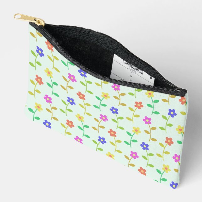 Colourful Flowers, Floral Pattern, Greenery, Boho Accessory Pouch (Open)