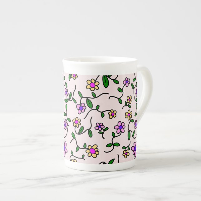 Colourful Flowers, Floral Pattern, Greenery, Boho Bone China Mug (Front Right)