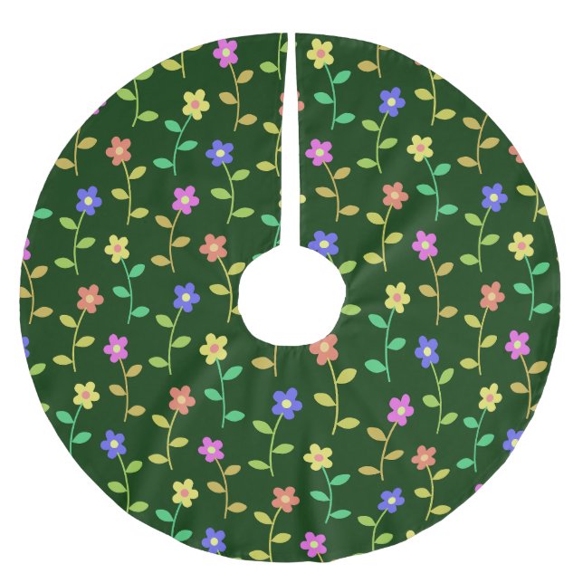Colourful Flowers, Floral Pattern, Greenery, Boho Brushed Polyester Tree Skirt (Front)