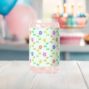 Colourful Flowers, Floral Pattern, Greenery, Boho Can Glass