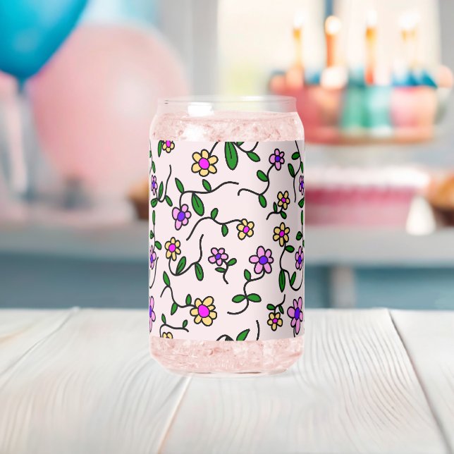 Colourful Flowers, Floral Pattern, Greenery, Boho Can Glass (Insitu (Baby Shower))