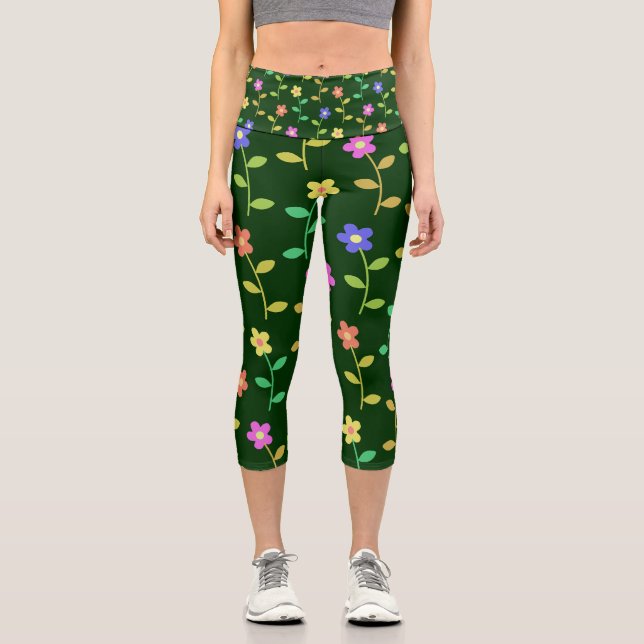 Colourful Flowers, Floral Pattern, Greenery, Boho Capri Leggings (Front)