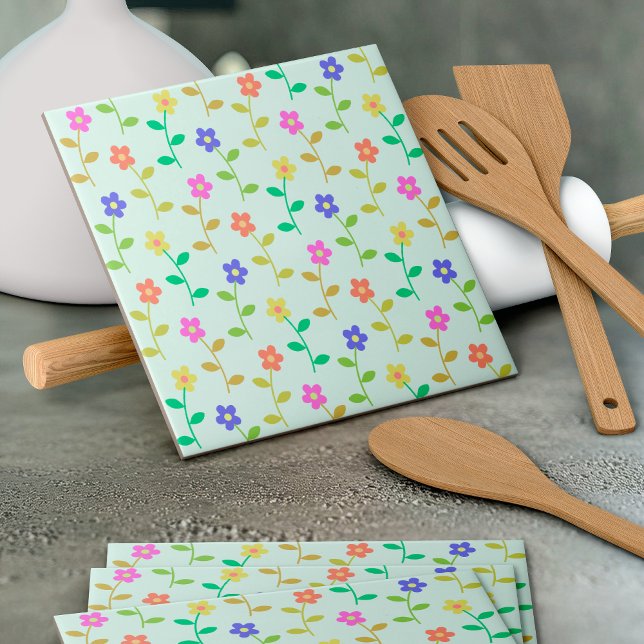Colourful Flowers, Floral Pattern, Greenery, Boho Ceramic Tile (Creator Uploaded)