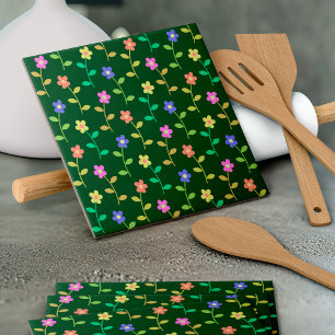 Colourful Flowers, Floral Pattern, Greenery, Boho Ceramic Tile
