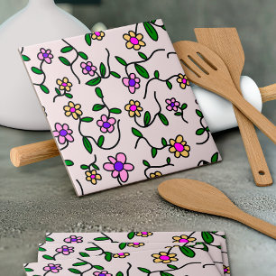 Colourful Flowers, Floral Pattern, Greenery, Boho Ceramic Tile
