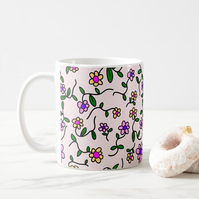 Colourful Flowers, Floral Pattern, Greenery, Boho Coffee Mug (With Donut)