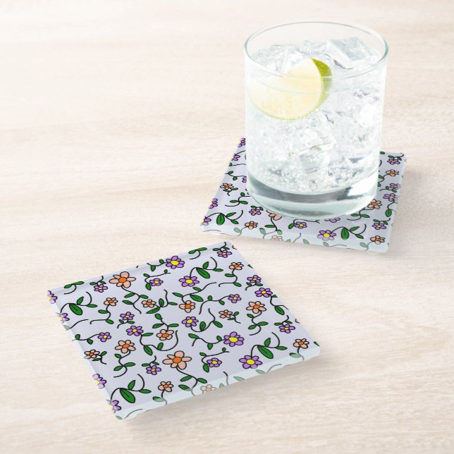 Colourful Flowers, Floral Pattern, Greenery, Boho Glass Coaster (Angled)