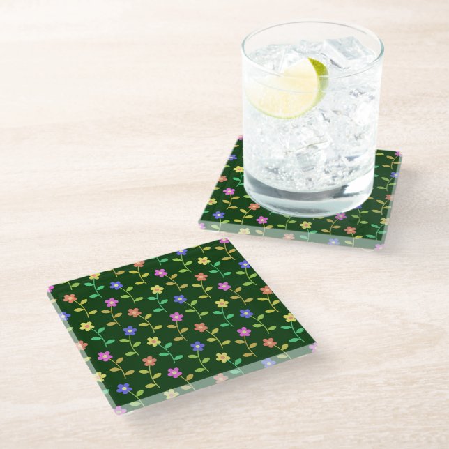 Colourful Flowers, Floral Pattern, Greenery, Boho Glass Coaster (Angled)