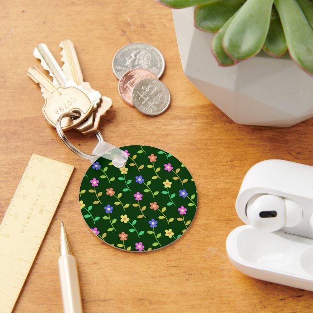 Colourful Flowers, Floral Pattern, Greenery, Boho Key Ring (Desk)