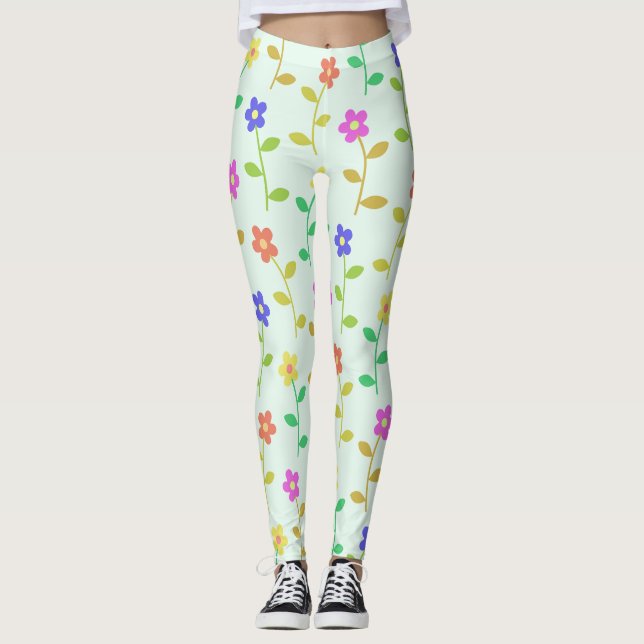 Colourful Flowers, Floral Pattern, Greenery, Boho Leggings (Front)