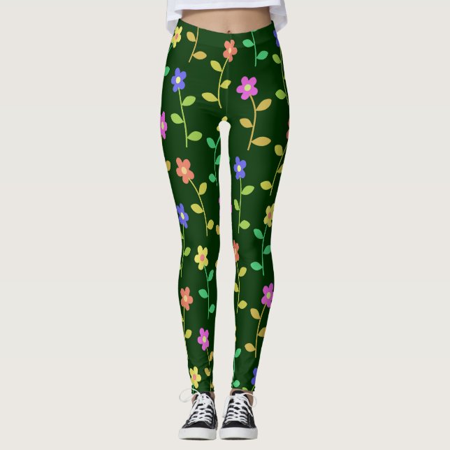 Colourful Flowers, Floral Pattern, Greenery, Boho Leggings (Front)