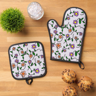 Colourful Flowers, Floral Pattern, Greenery, Boho Oven Mitt & Pot Holder Set