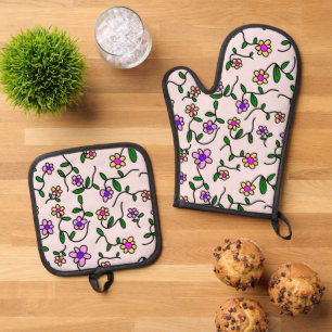 Colourful Flowers, Floral Pattern, Greenery, Boho Oven Mitt & Pot Holder Set
