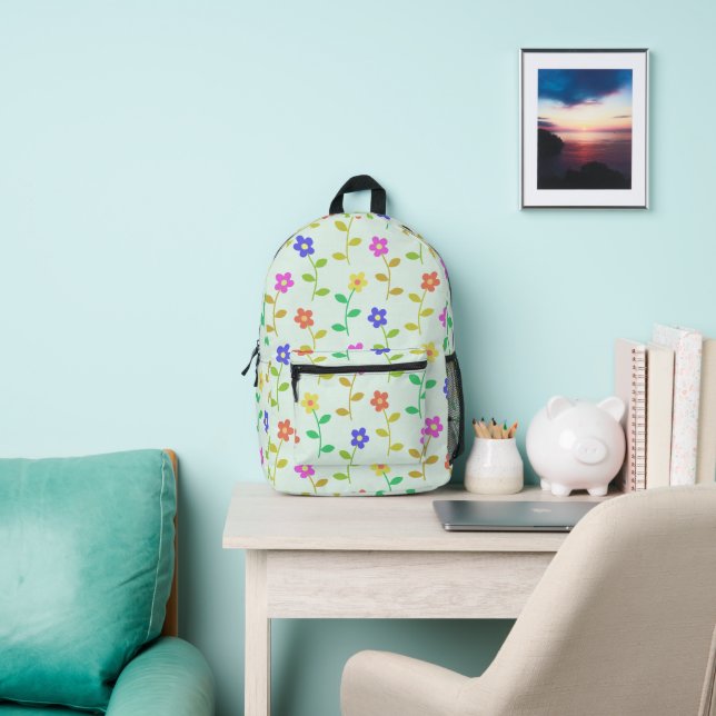 Colourful Flowers, Floral Pattern, Greenery, Boho Printed Backpack (Insitu)