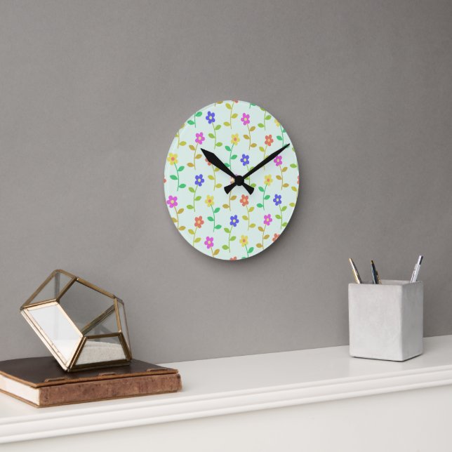Colourful Flowers, Floral Pattern, Greenery, Boho Round Clock (Office)