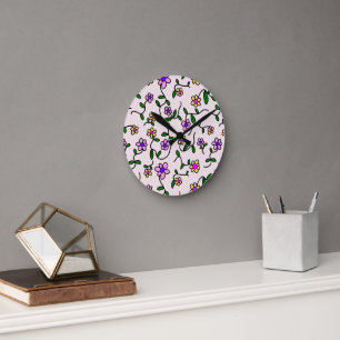 Colourful Flowers, Floral Pattern, Greenery, Boho Round Clock