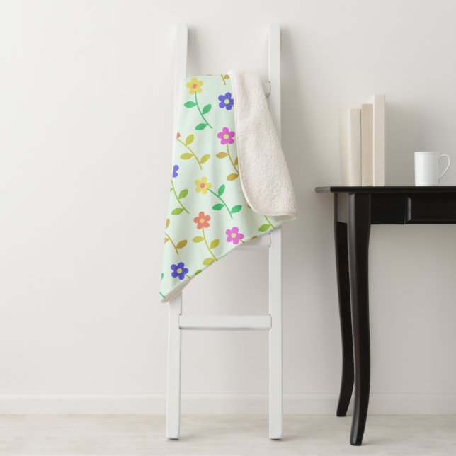 Colourful Flowers, Floral Pattern, Greenery, Boho Sherpa Blanket (In Situ)
