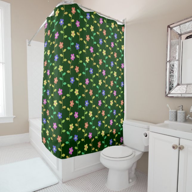 Colourful Flowers, Floral Pattern, Greenery, Boho Shower Curtain (In Situ)