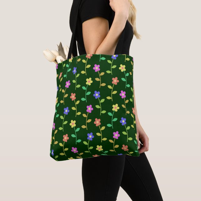 Colourful Flowers, Floral Pattern, Greenery, Boho Tote Bag (Close Up)