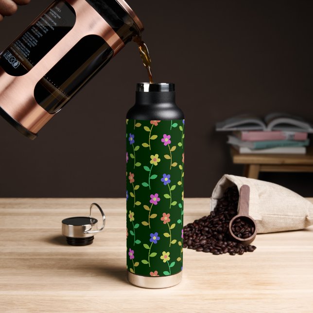 Colourful Flowers, Floral Pattern, Greenery, Boho Water Bottle (Coffee)
