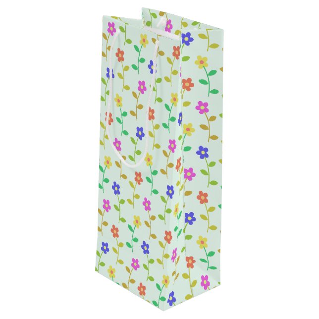 Colourful Flowers, Floral Pattern, Greenery, Boho Wine Gift Bag (Back Angled)