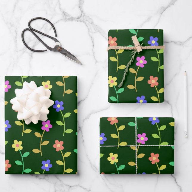 Colourful Flowers, Floral Pattern, Greenery, Boho Wrapping Paper Sheet (Front)