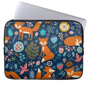 Colourful Flowers & Foxes Retro Pattern Laptop Sleeve