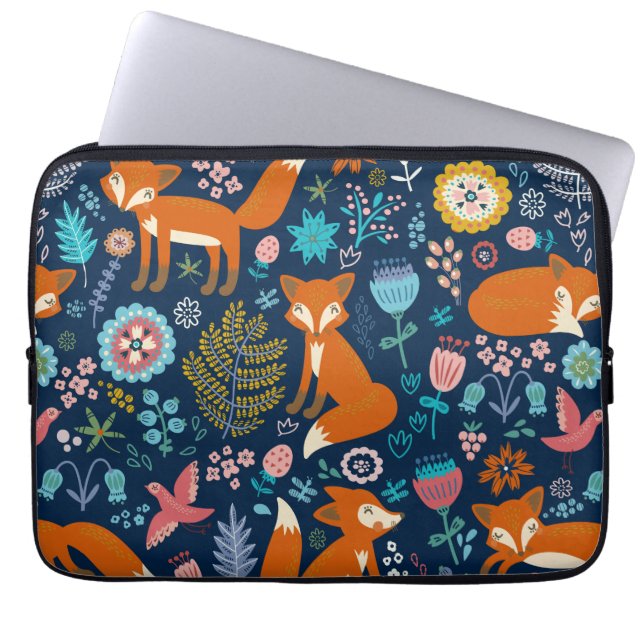 Colourful Flowers & Foxes Retro Pattern Laptop Sleeve (Front)