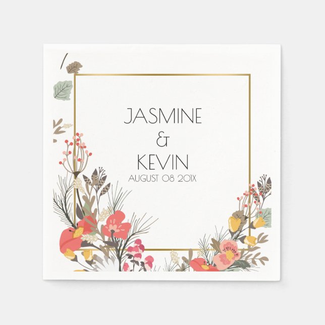 Colourful Flowers Frame Gold Accent Napkin (Front)