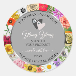 Colourful Flowers Frame Grey Product Labels Hearts