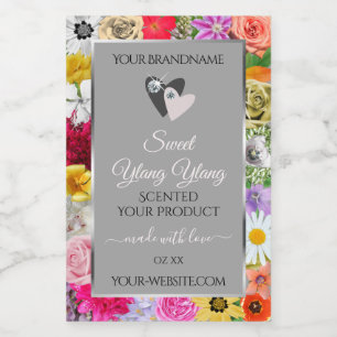 Colourful Flowers Frame Grey Product Labels Hearts
