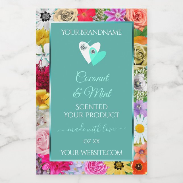 Colourful Flowers Frame Teal Product Labels Hearts (Single Label)